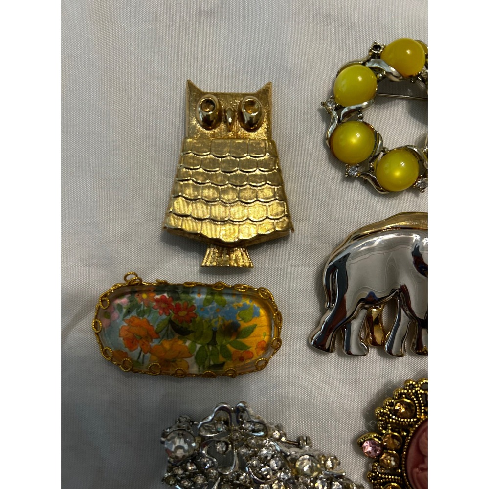 Vintage Brooch Pin Lot 14pc Cameo Elephant Owl Dragonfly Rhinestone Jewelry - Picture 2 of 16